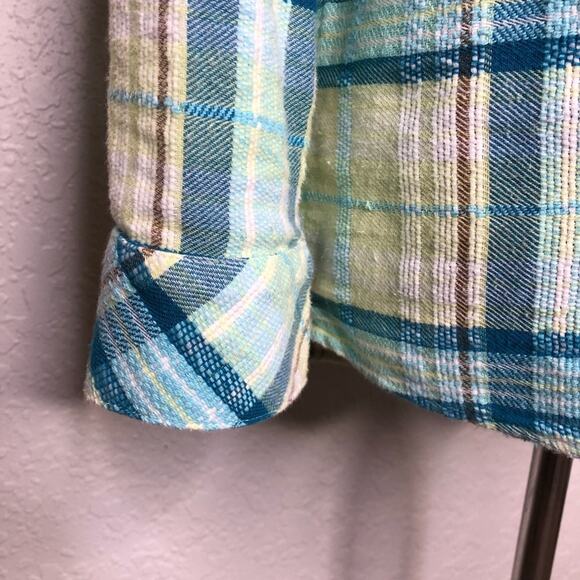 Soft Surroundings white blue yellow plaid flannel button down top size Small - Picture 5 of 15